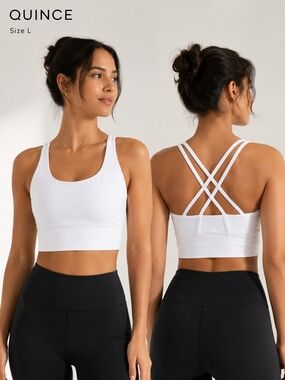 Quince Women Active Sports Bra White Scoop Neck Crisscross Back Stretch Size L